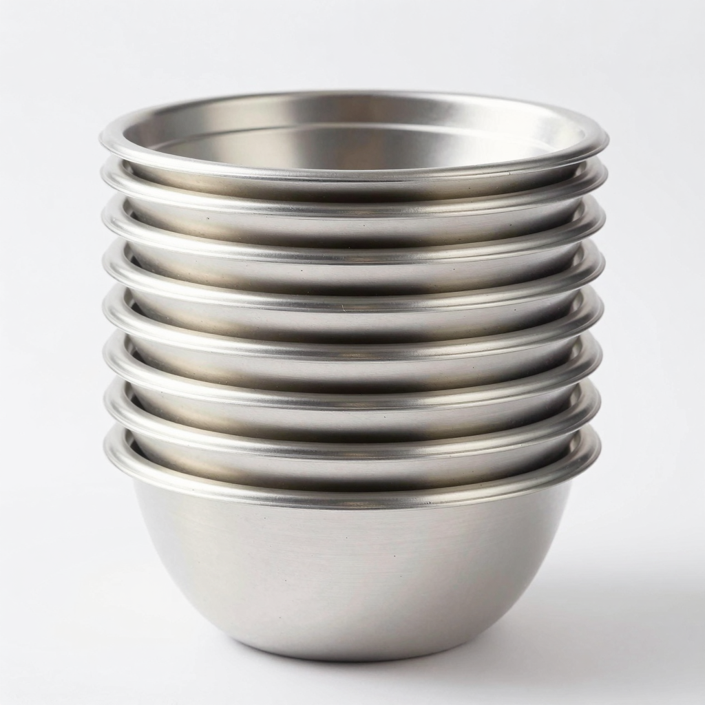 A vertical stack of 6-7 plastic disposable silver bowls slightly offset to reveal the rim and metallic finish, shot on a white background with soft studio lighting for a premium e-commerce product photography look.