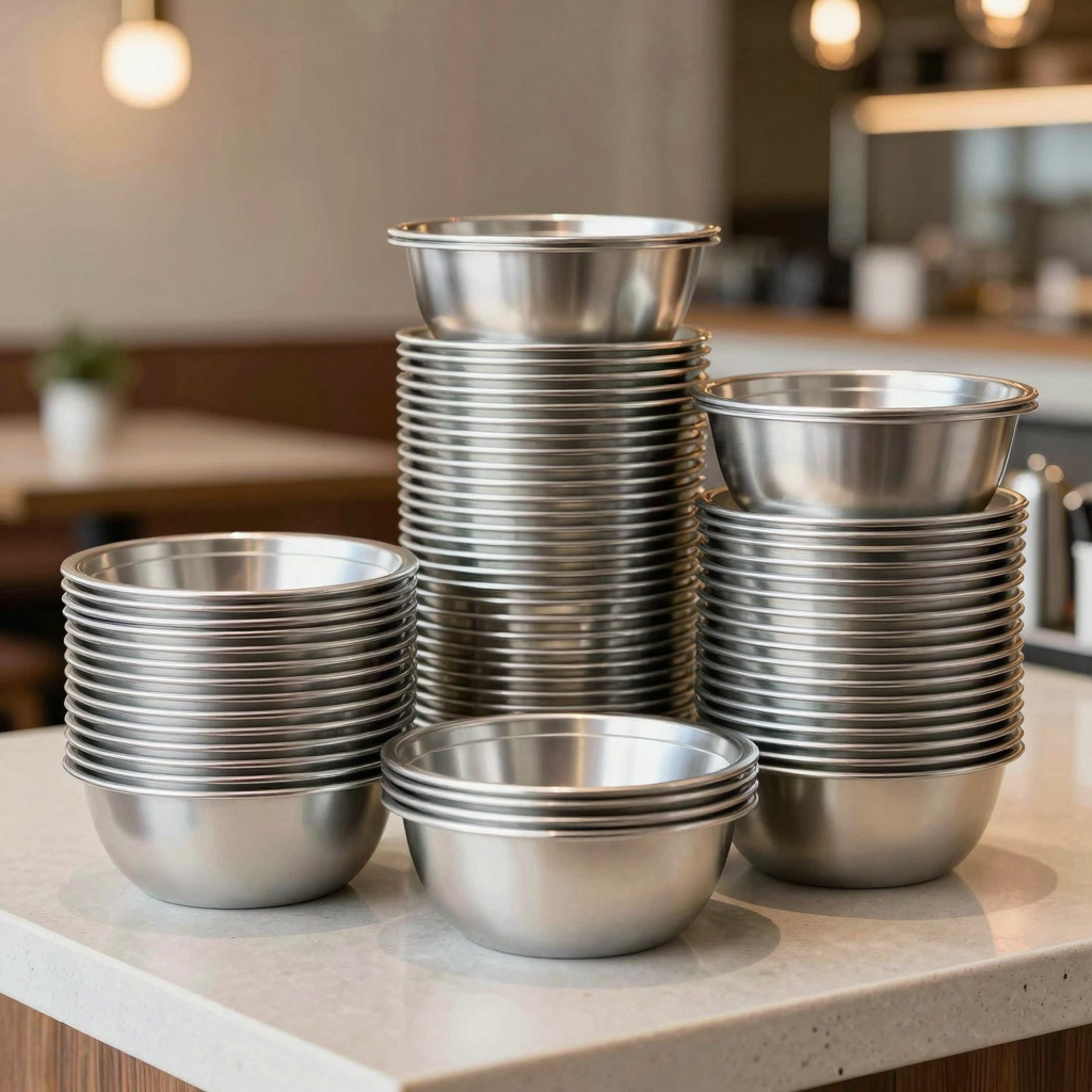 Stack of elegant plastic disposable silver bowls on a countertop