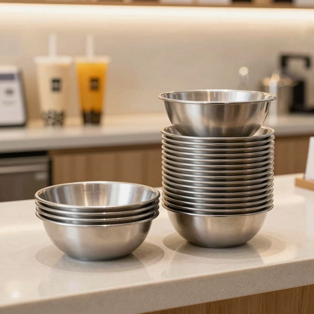 Elegant stack of plastic disposable silver bowls ideal for bubble tea shops and catering events