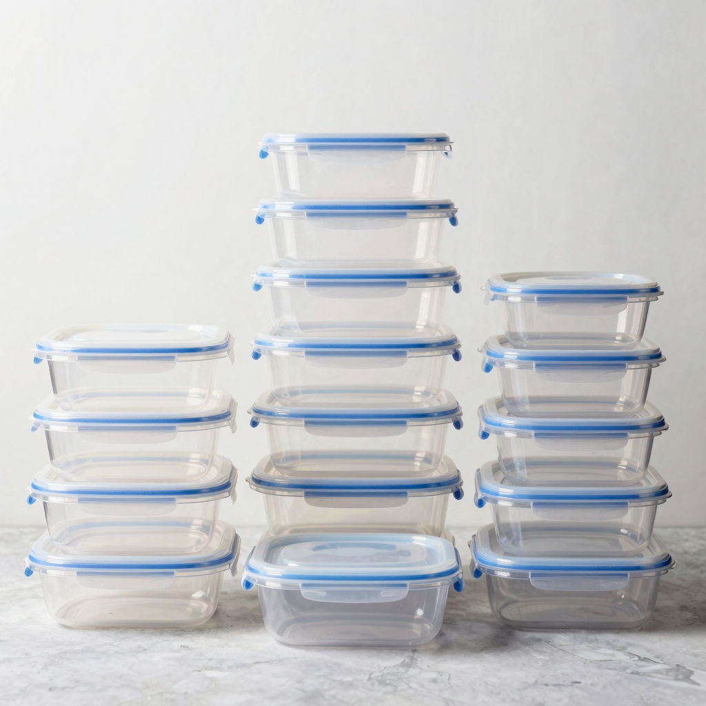 Variety of plastic food containers in a professional setting