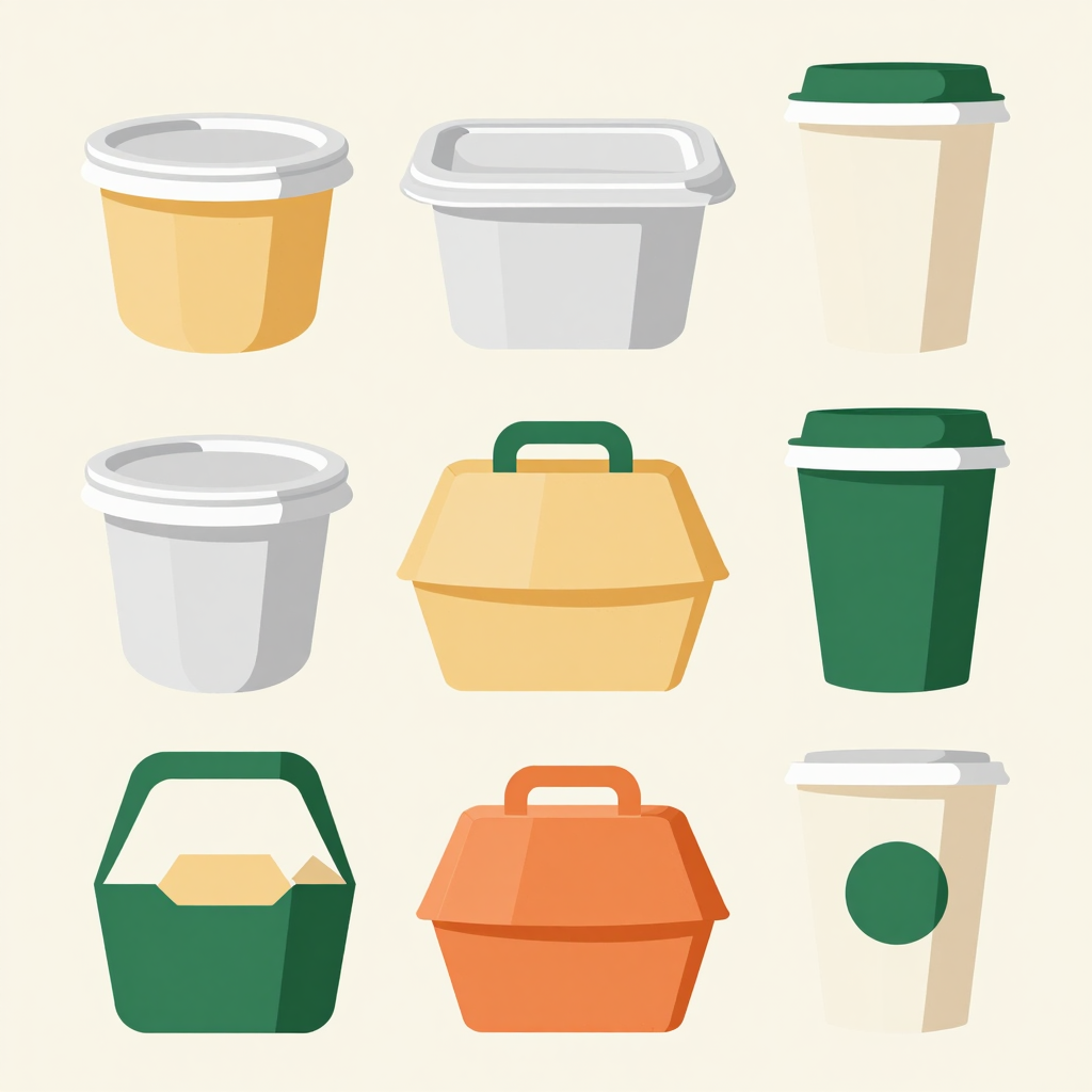 Illustration of various disposable plastic packaging products including containers, boxes, and cups.