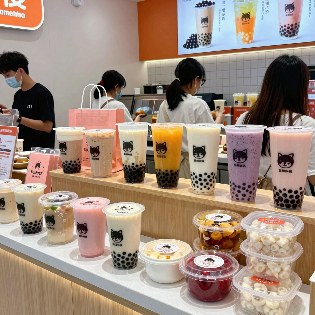 Vibrant bubble tea shop showcasing plastic packaging products