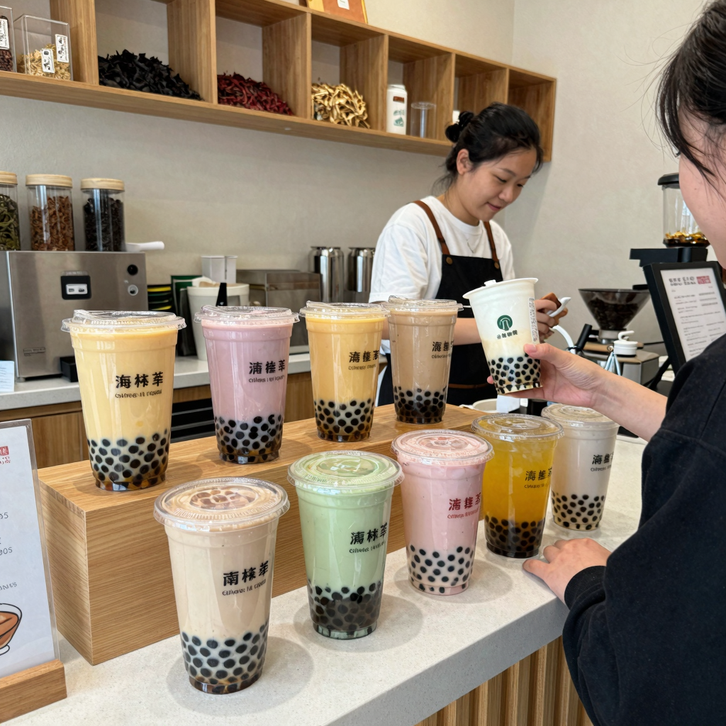 A cozy bubble tea shop with small clear plastic cups