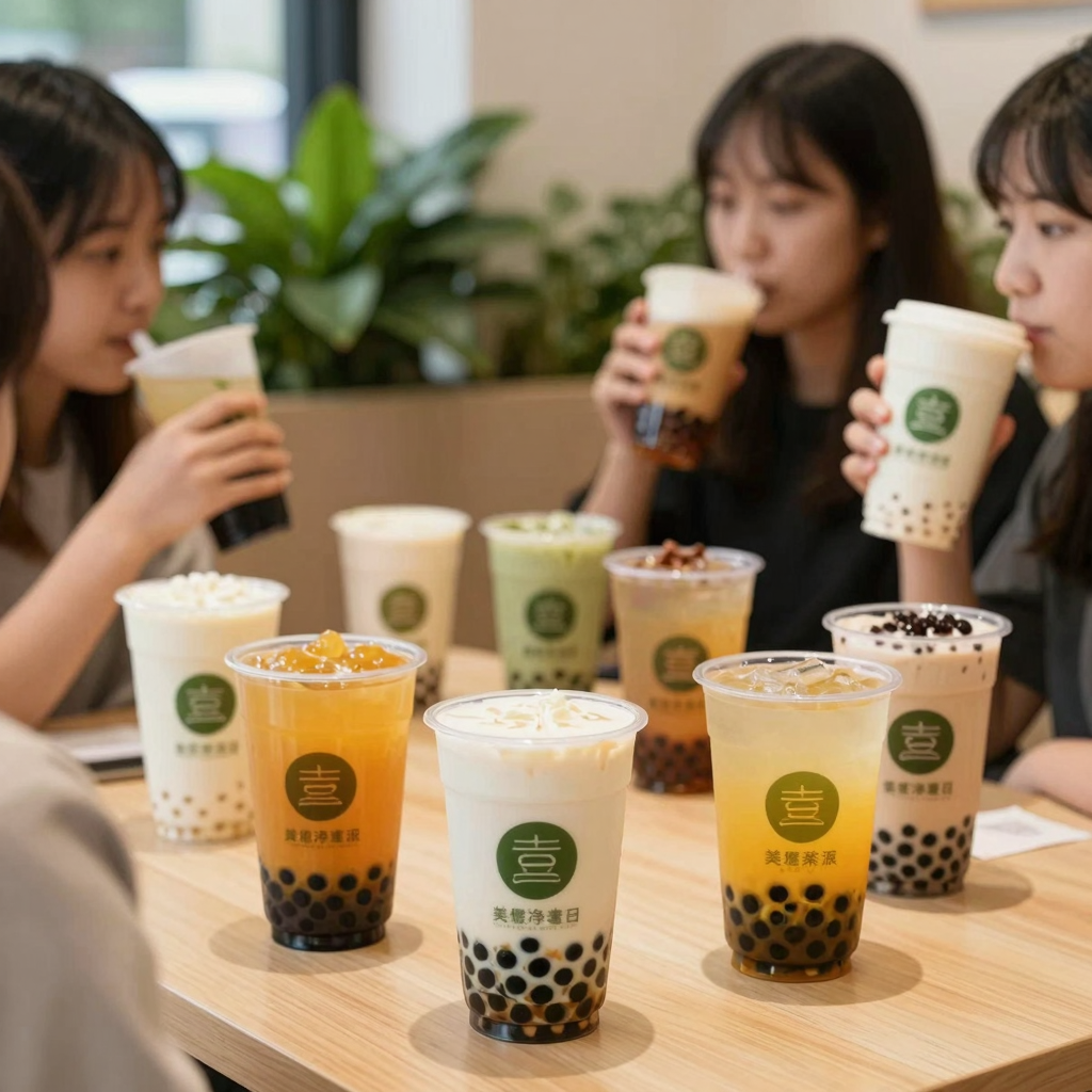 Bubble tea shop scene showcasing small clear plastic cups