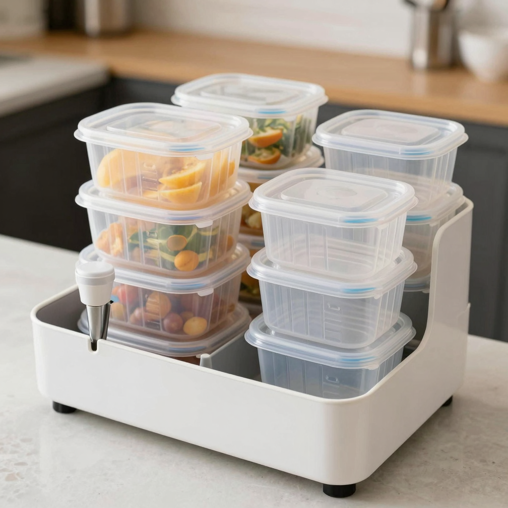Dispenser holding vented plastic food containers