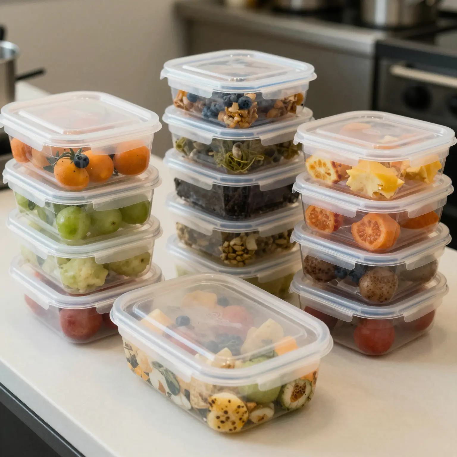 Various 4x4 plastic food containers in a kitchen setting