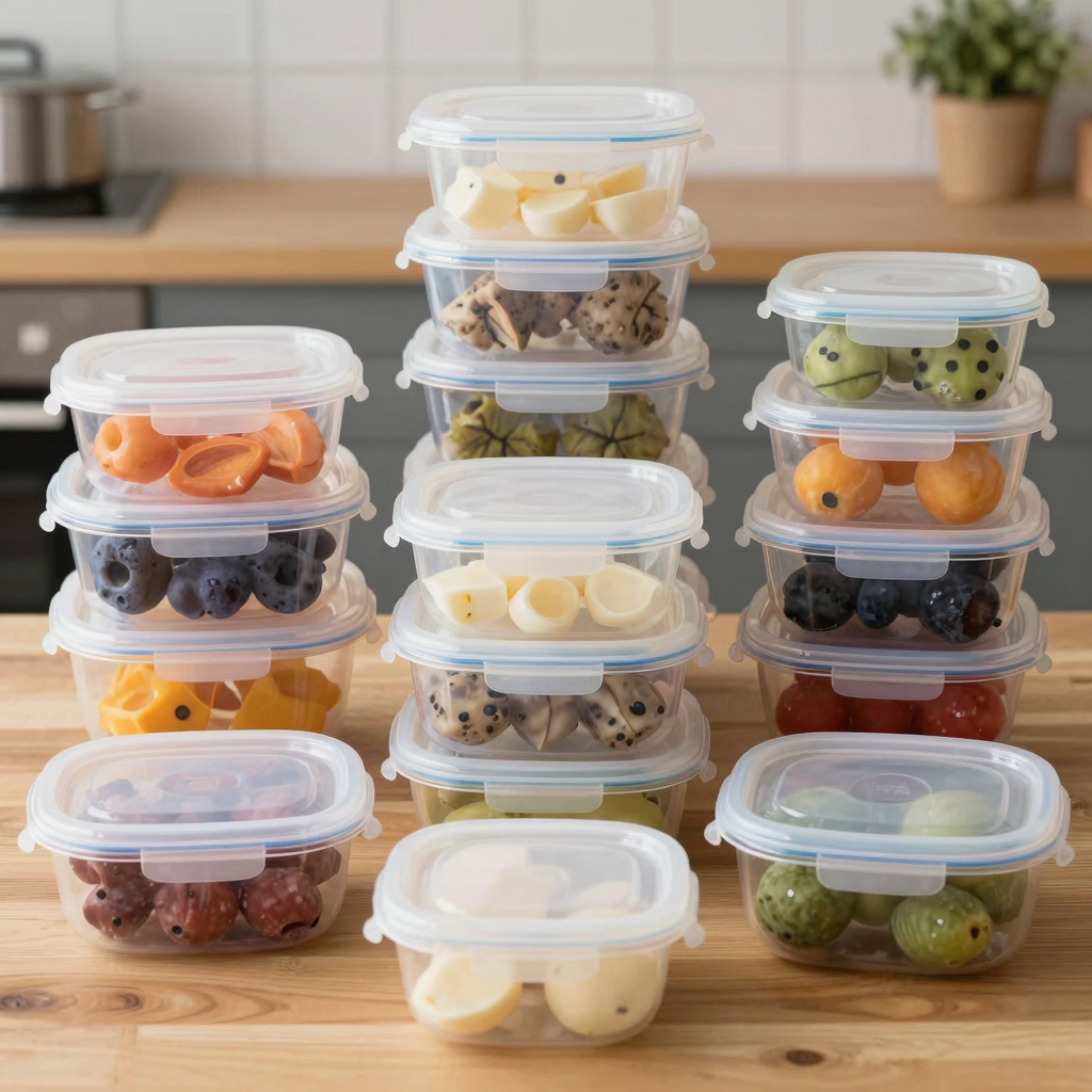 A variety of commercial plastic containers for food