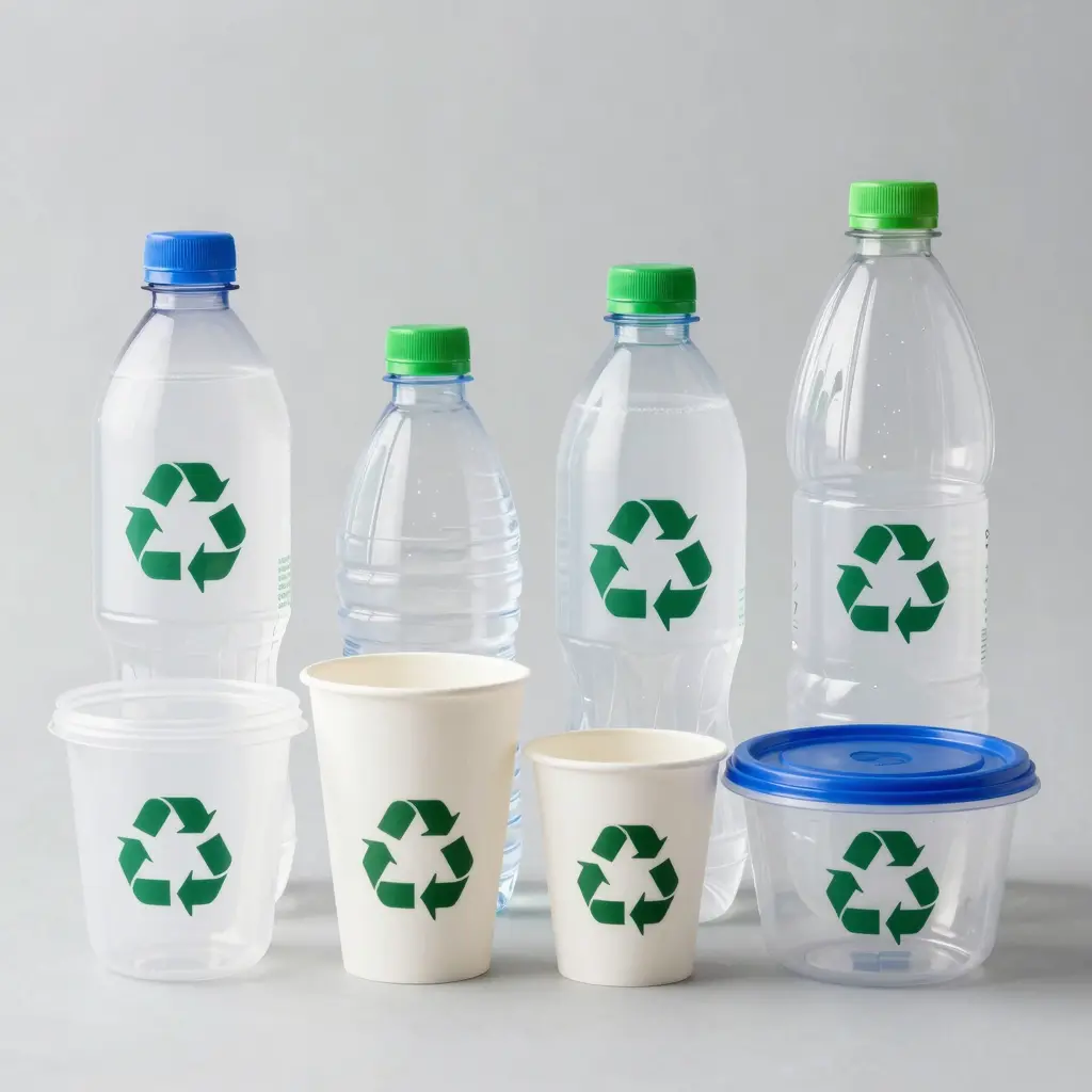 Illustration of Plastic Containers and Recycling Symbols