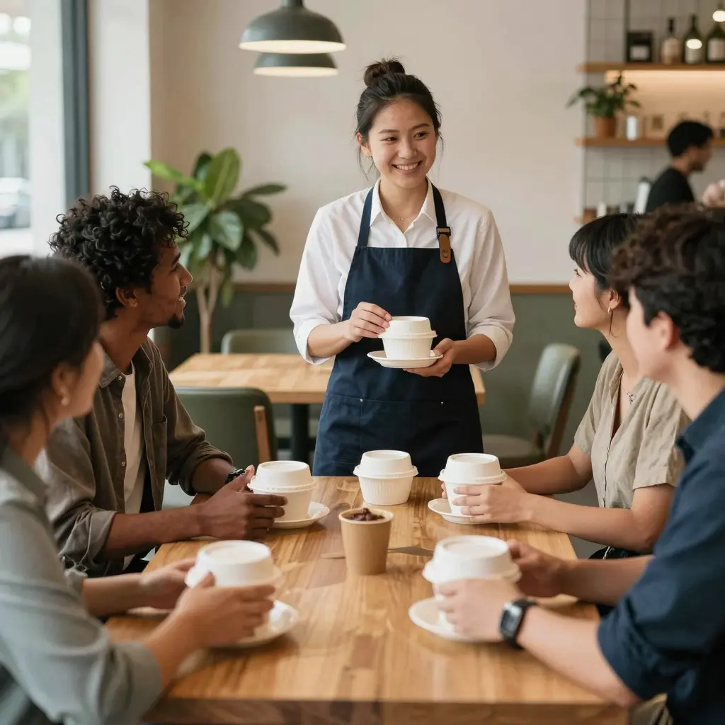 Friendly restaurant scene with disposable food grade paper bowl lids