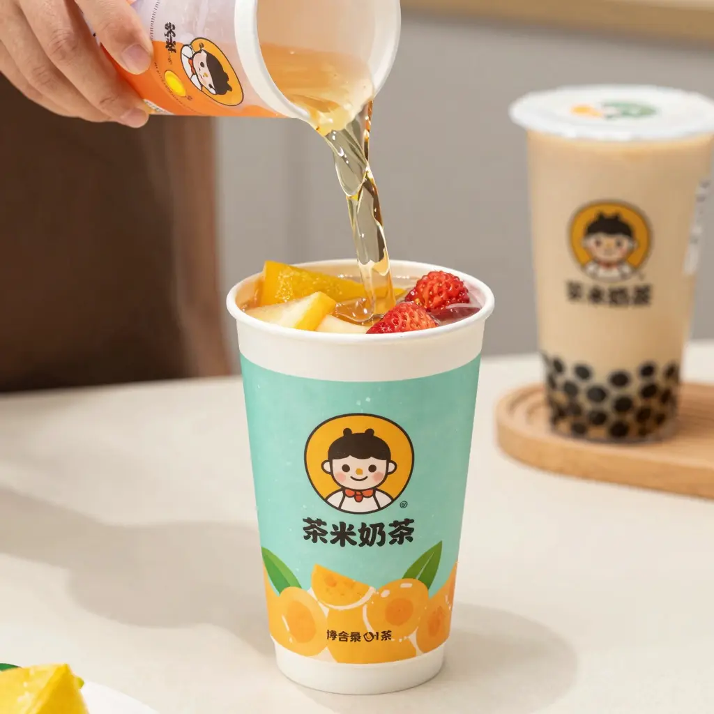 A colorful disposable paper cup being filled with a vibrant beverage