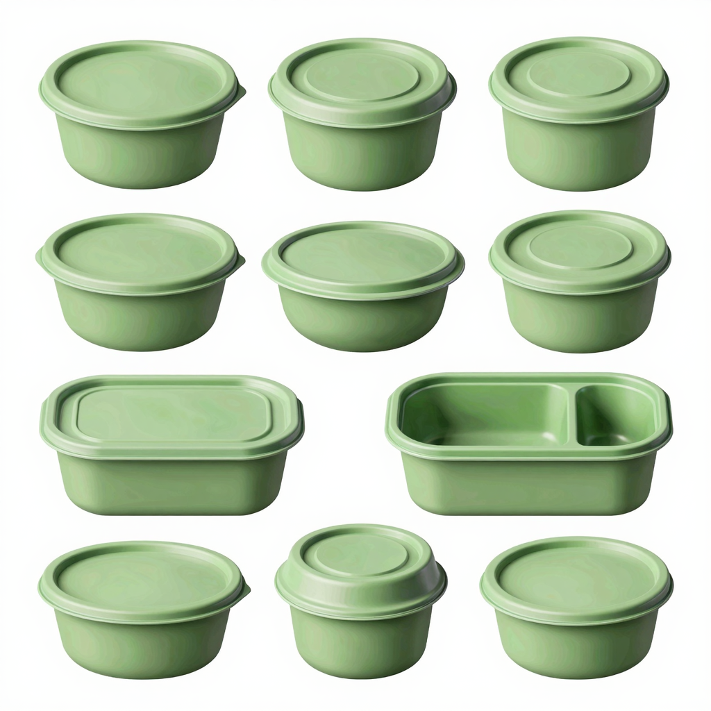 A variety of green plastic containers for food service