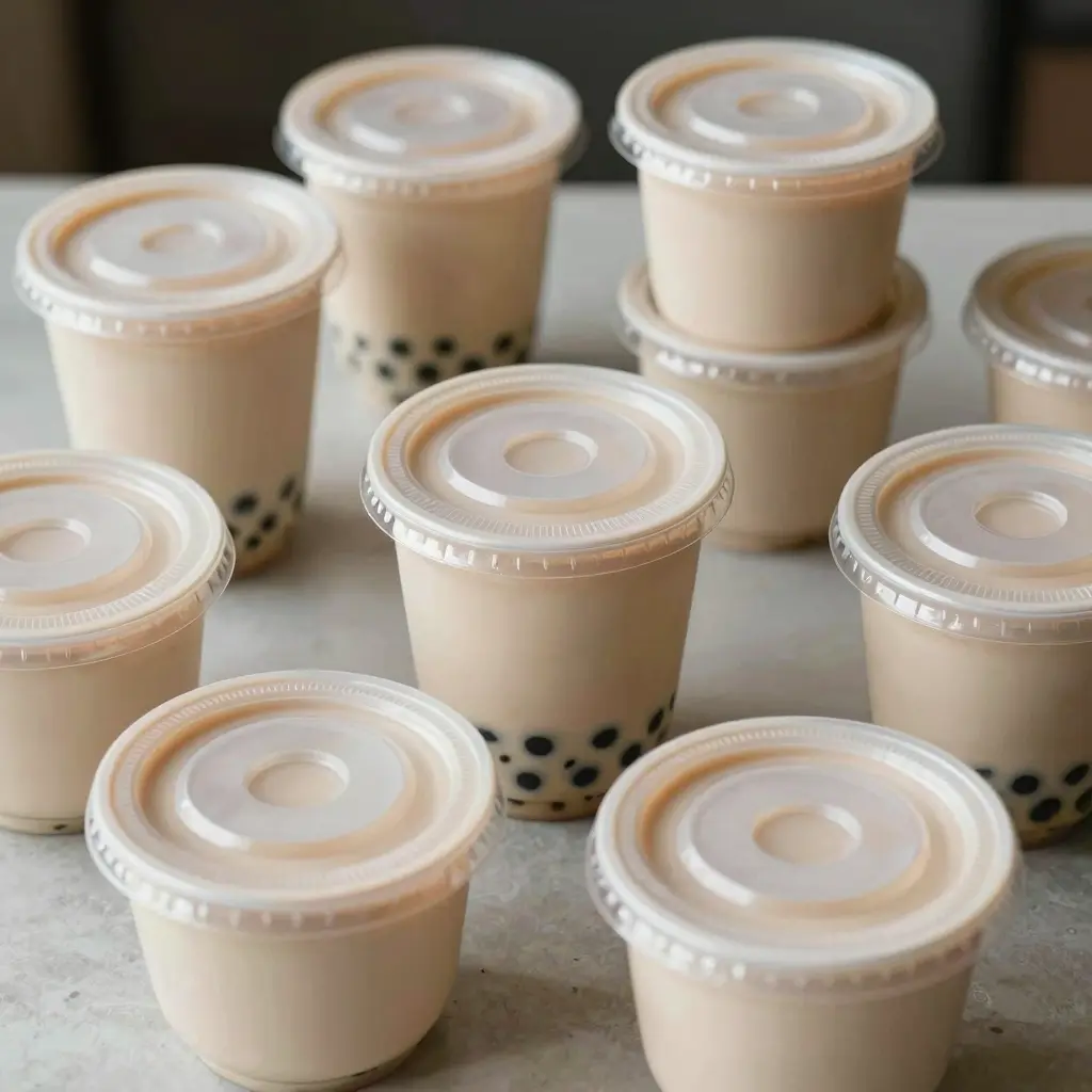 A variety of disposable plastic bowls with lids arranged attractively, showcasing their appeal for food service.