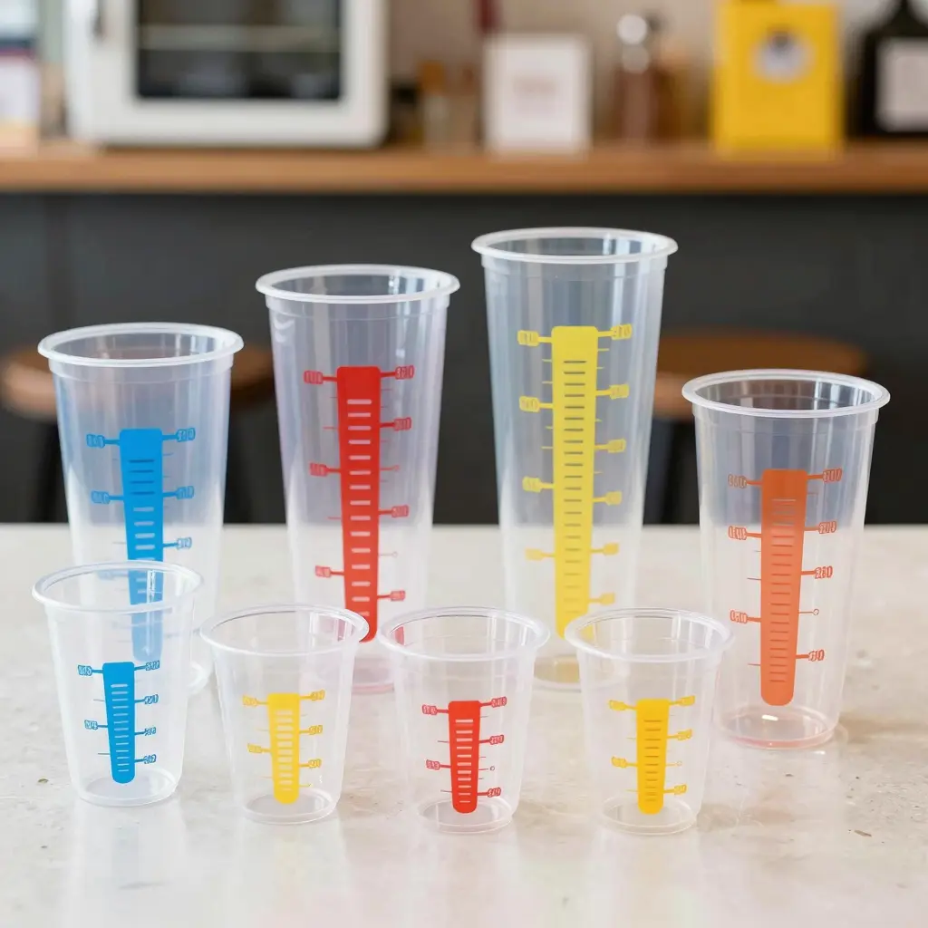 An array of disposable plastic measuring cups in various sizes showcasing convenience and variety.
