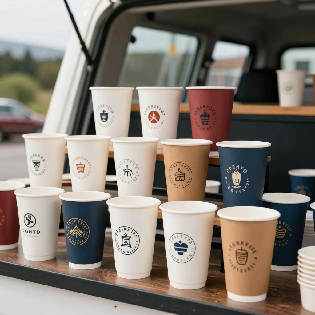 Customized disposable soup cups displayed in a vibrant café setting