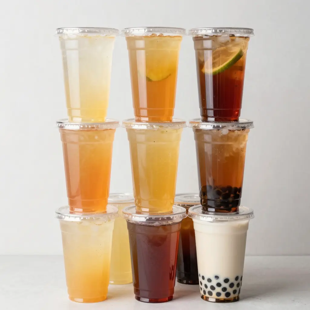 A stack of disposable clear plastic cups filled with colorful beverages.