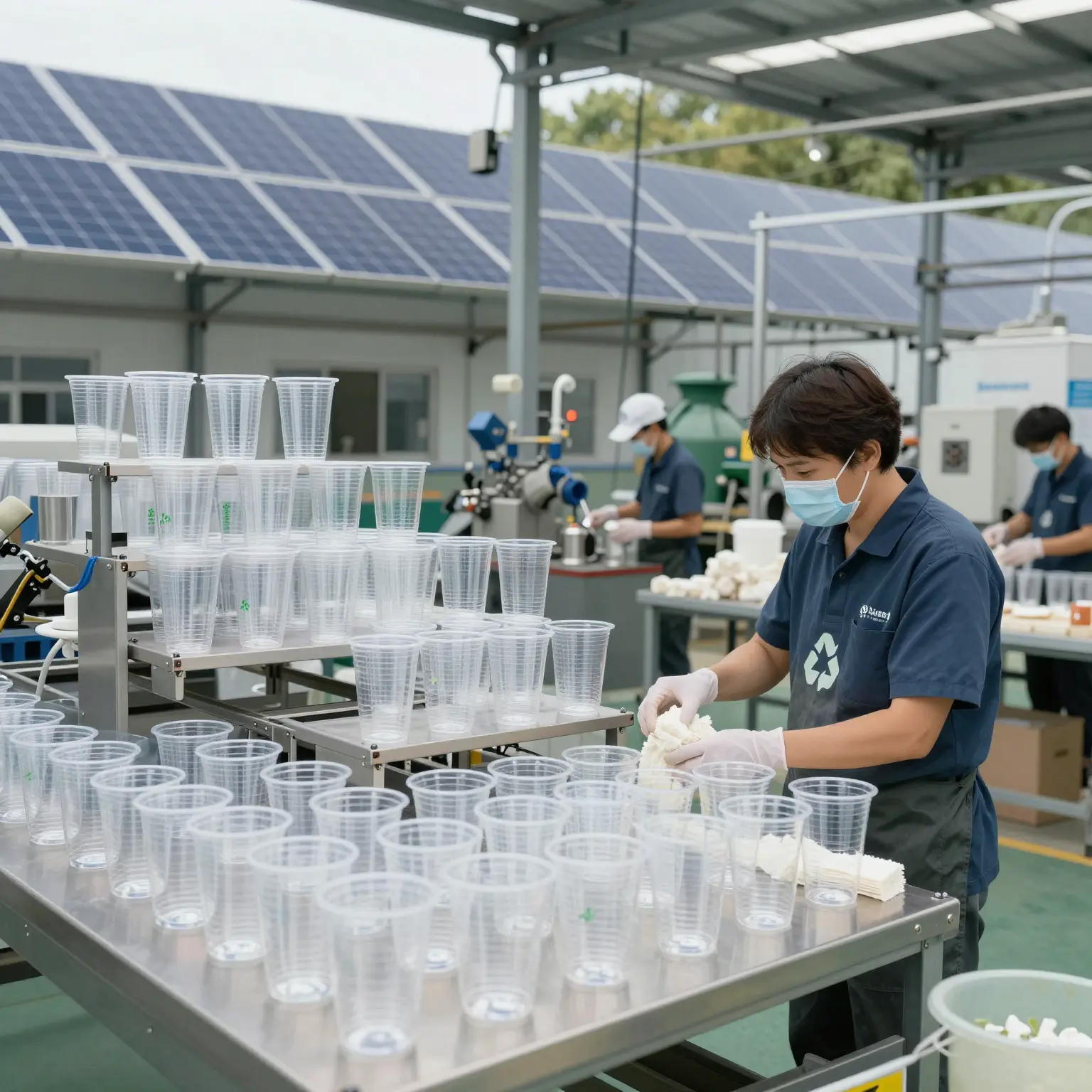 Eco-friendly manufacturing facility producing clear plastic cups