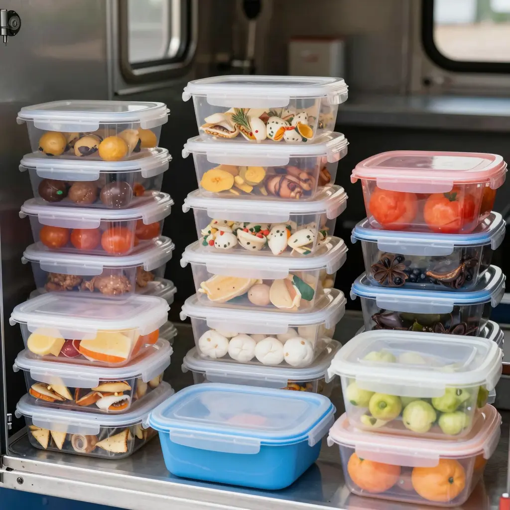 A variety of microwavable and dishwasher safe plastic food containers in use within a restaurant or food truck setting