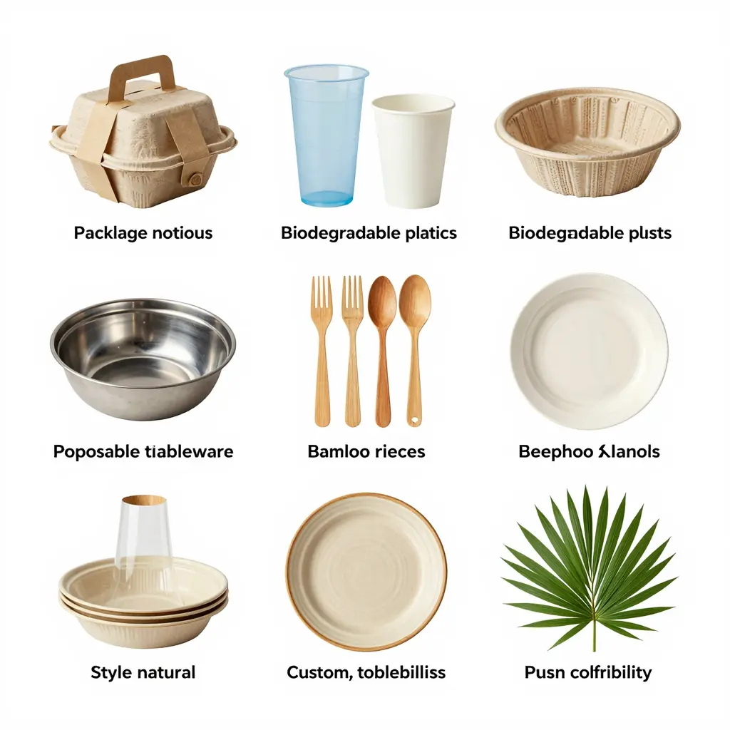 Infographic of various packaging and disposable tableware options for catering and event planning
