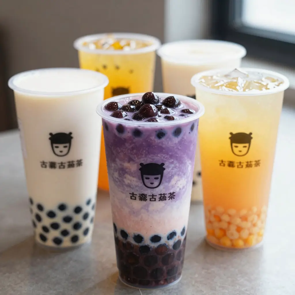 Clear plastic cups with colorful bubble tea
