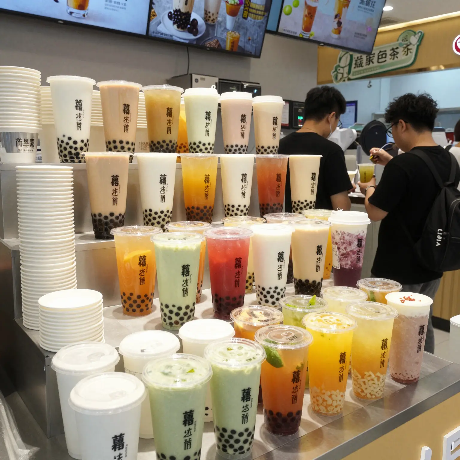 Engaging bubble tea display in a modern shop