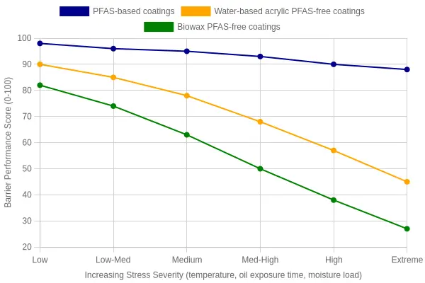 Line chart comparing barrier performance scores of PFAS-based, water-based acrylic PFAS-free, and biowax PFAS-free coatings as temperature, oil exposure time, and moisture load increase
