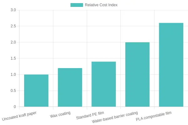 Bar chart of the relative cost of paper coating options