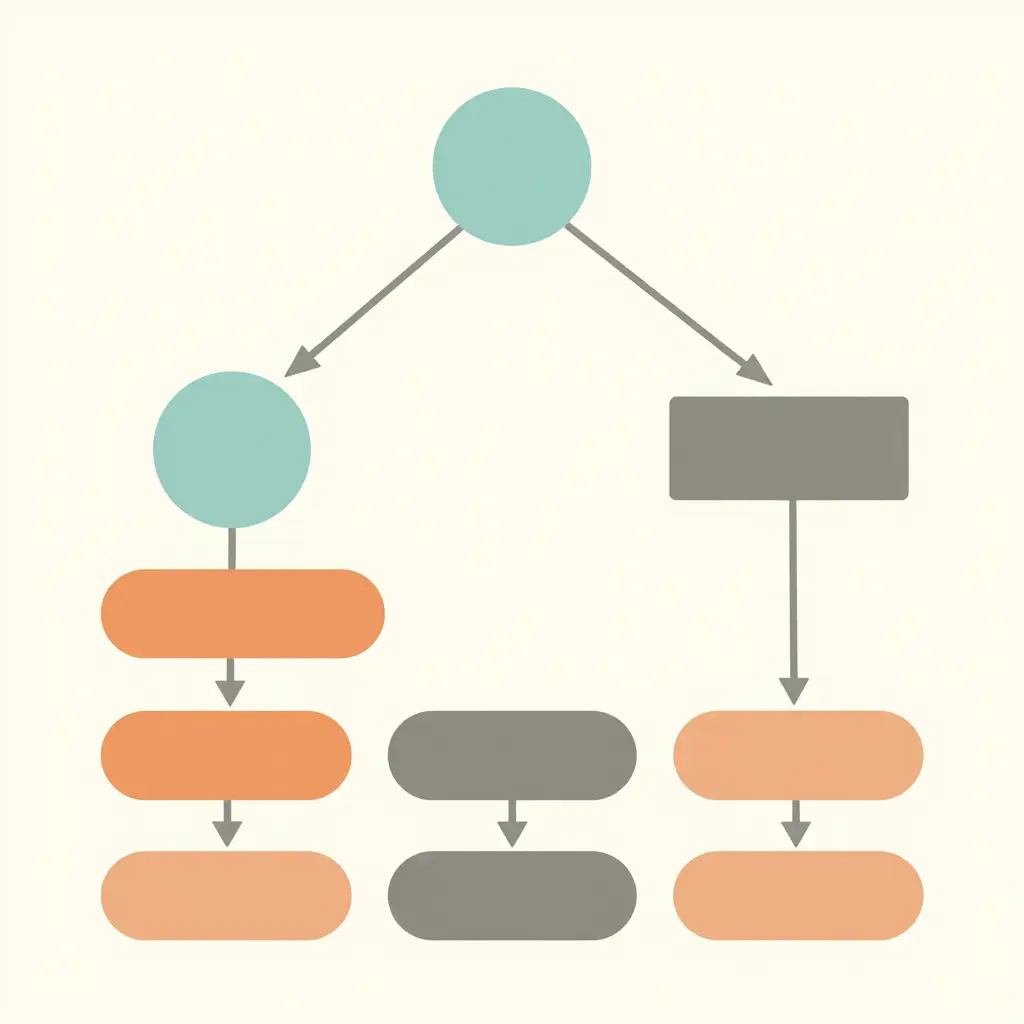 A minimalist flat 2D flowchart showing a coating selection decision process, with a top decision circle branching into lower shapes and ending in a row of coating option boxes, drawn in simple teal and orange geometric shapes with no words