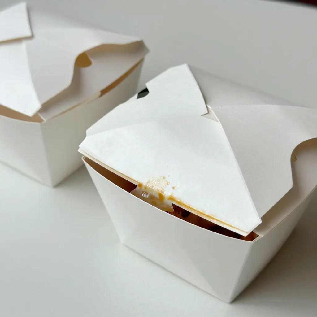 A white paper takeout box with dark grease stains sitting next to a clean box