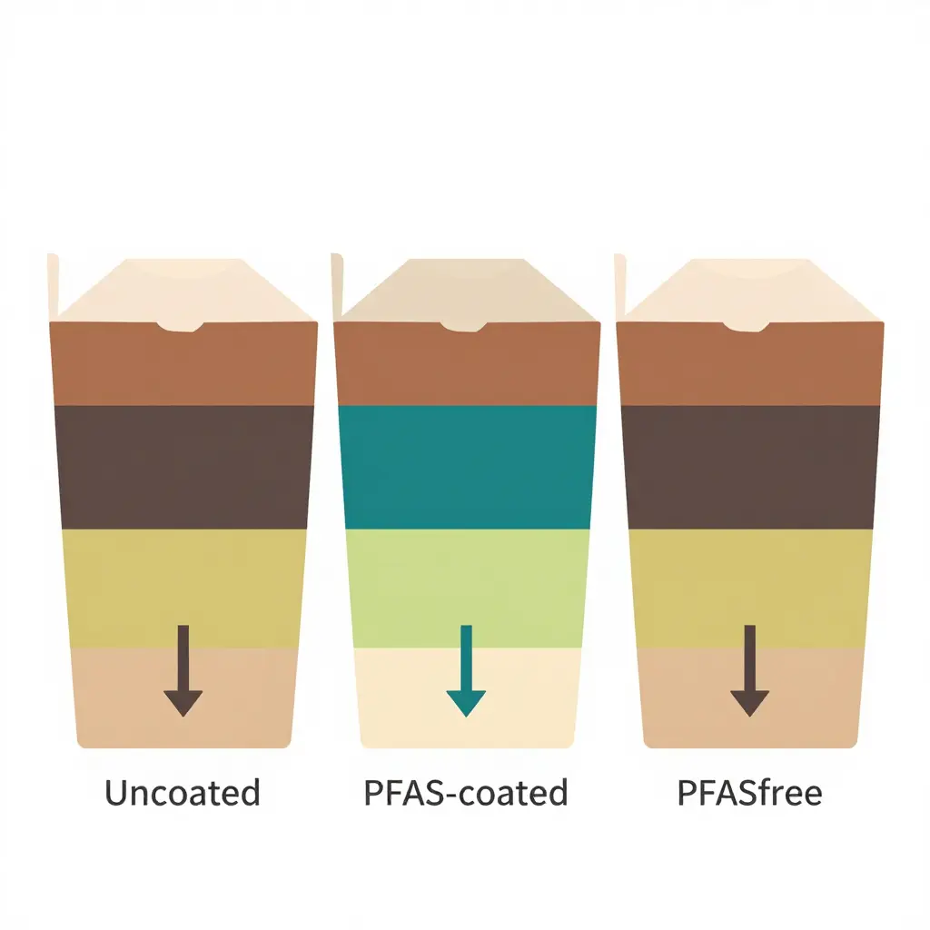 Cross-section diagram comparing three takeout box wall configurations: uncoated paperboard, PFAS-coated, and PFAS-free coated, with arrows showing how grease and moisture are blocked or absorbed.