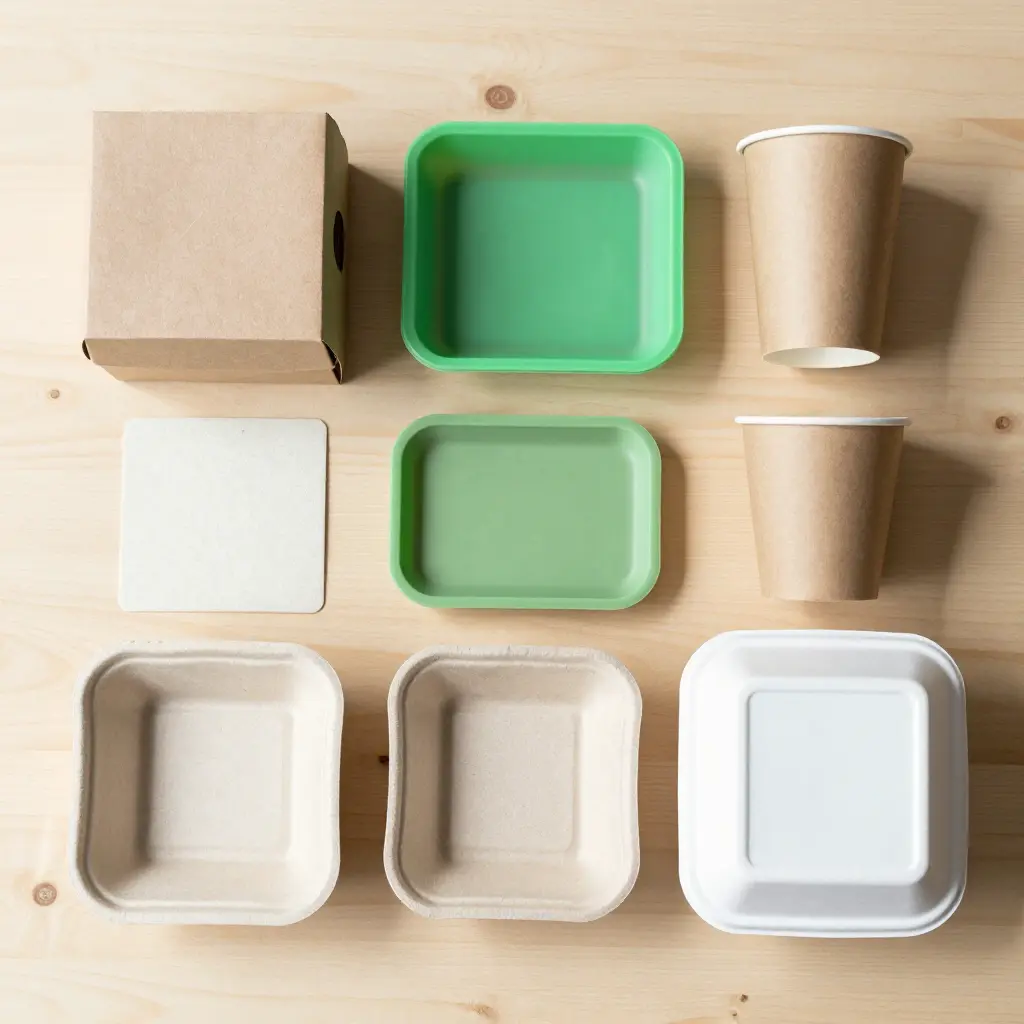 Six PFAS-free food packaging barrier samples, including acrylic-coated boxes, silicone trays, wax cups, starch clamshells, clay-coated trays, and film-lined containers, displayed on a wooden table