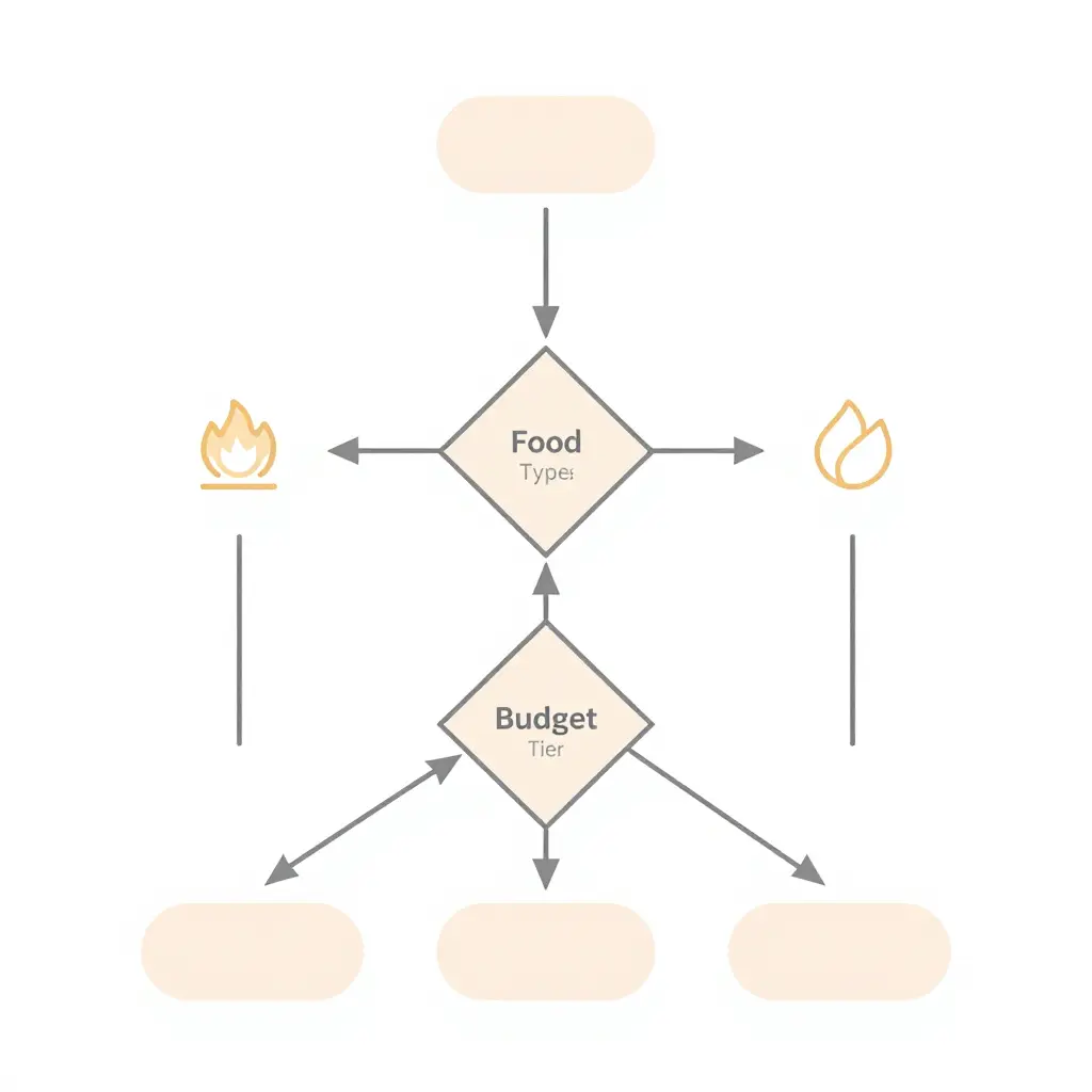 A minimal flat decision-flow diagram showing a starting node branching into decision diamonds for food type (greasy, hot, moist) and budget tier, then flowing to terminal nodes for recommended PFAS-free barrier technologies.