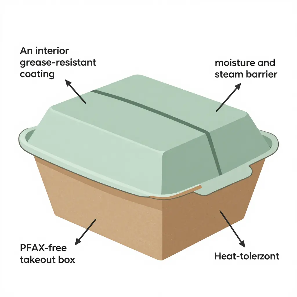 Cross-section diagram of a PFAS-free takeout box labeling four barrier zones: interior grease-resistant coating, moisture and steam barrier in the paperboard core, oil penetration depth along a sidewall seam, and a heat-tolerance zone at the base