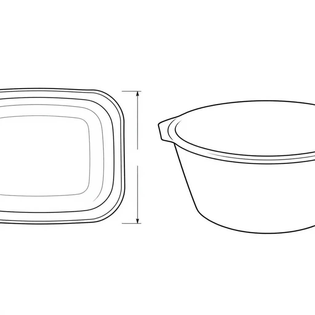 2D schematic cross-section showing a takeout lid inner groove engaging a curled paper bowl rim, with dimension markers and arrows indicating the gap and the tolerance band