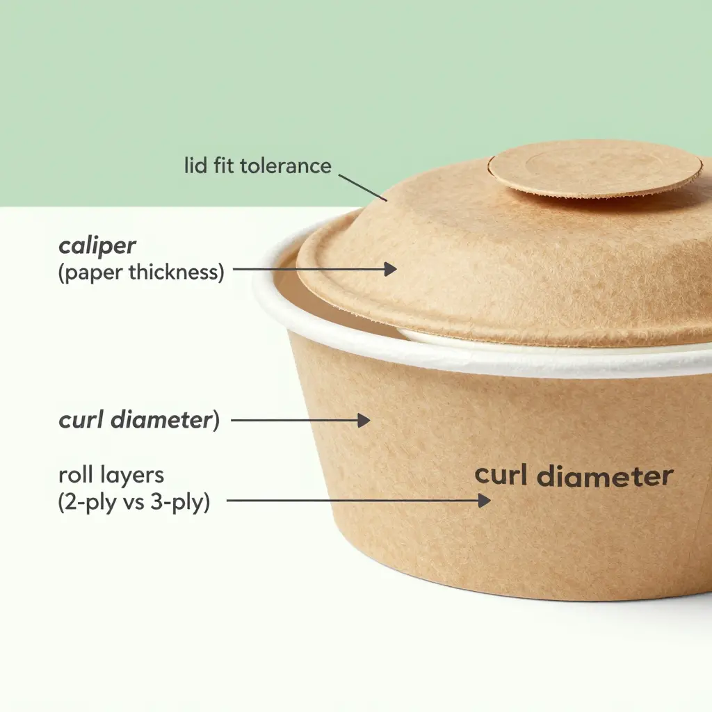Cross-section diagram of a paper soup bowl rim showing caliper, roll layers, curl diameter and lid fit tolerance