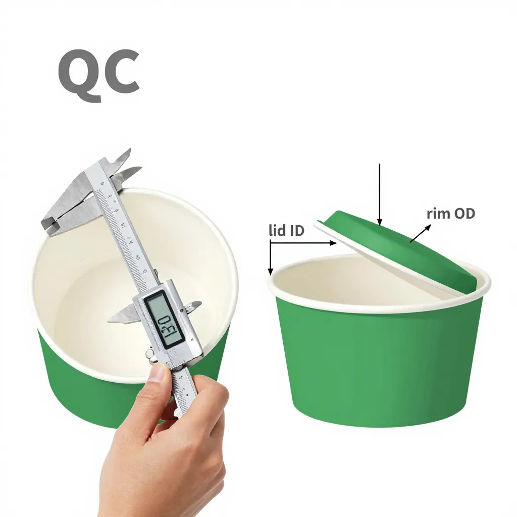 Technical QC diagram of digital calipers measuring paper rim thickness around a soup bowl rim, next to a cross-section showing lid inner diameter gripping the rim outer diameter