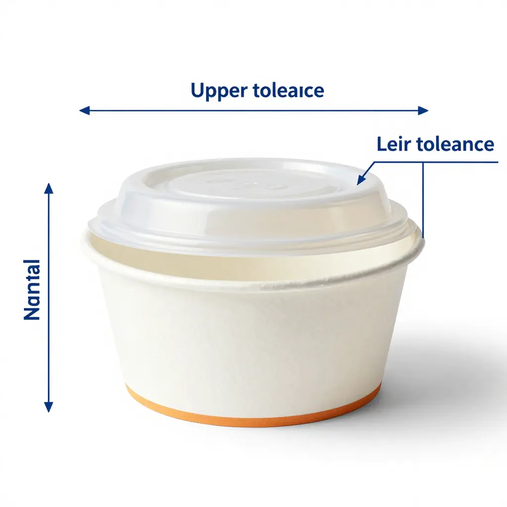 Technical cross-section diagram of a soup bowl rim and lid showing the nominal diameter line with an upper tolerance band, a lower tolerance band, and the snap depth of the lid over the rim
