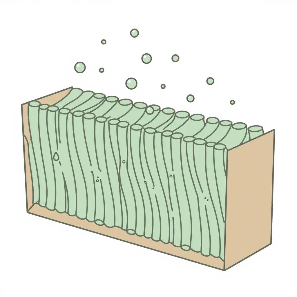 Schematic diagram of moisture migrating into the cellulose fiber wall of a paper takeout box, showing water vapor particles entering the fiber network and weakening bonds between fibers