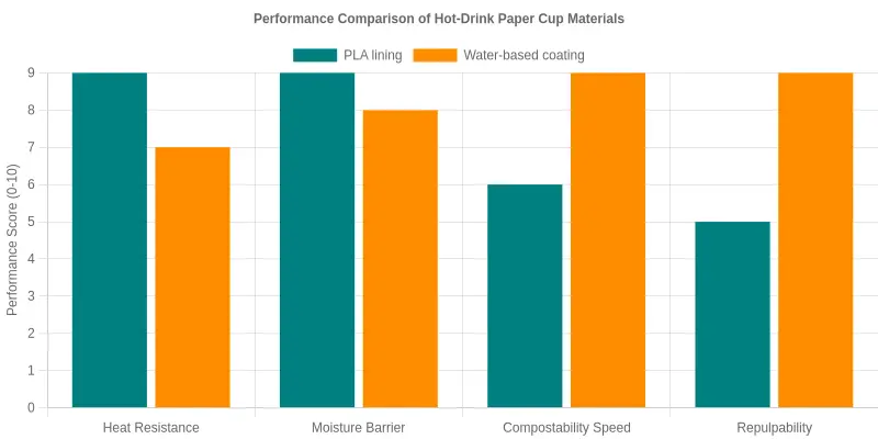 Bar chart comparing PLA lining and water-based coating across heat resistance, moisture barrier, compostability speed, and repulpability for hot-drink paper cups