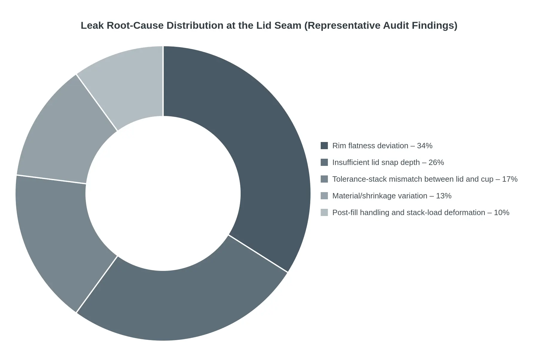 Doughnut chart showing the distribution of leak root causes at the lid seam of clear plastic condiment cups: rim flatness deviation 34%, insufficient lid snap depth 26%, tolerance-stack mismatch between lid and cup 17%, material and shrinkage variation 13%, and post-fill handling and stack-load deformation 10%.