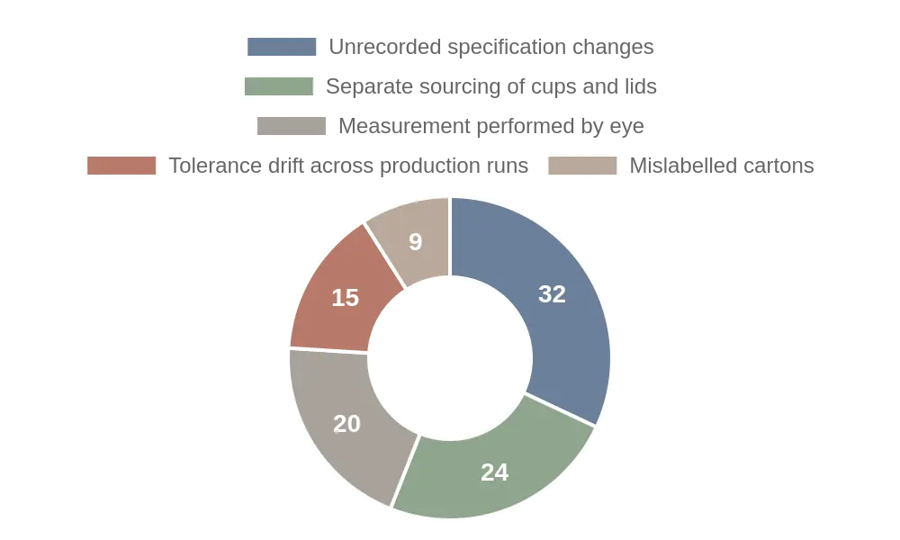 Doughnut chart showing the proportional split of five root causes behind incorrect cup-and-lid reorders: unrecorded specification changes 32%, separate sourcing of cups and lids 24%, measurement performed by eye 20%, tolerance drift across production runs 15%, and mislabelled cartons 9%