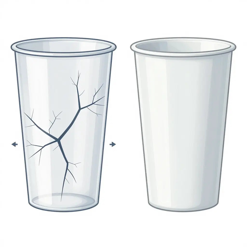 Flat 2D technical cross-section schematic comparing a polystyrene cup wall developing fine crazes and a brittle crack (left) with a polypropylene cup wall showing stress whitening and ductile yielding without fracture (right), with arrows indicating applied cold-chain stress