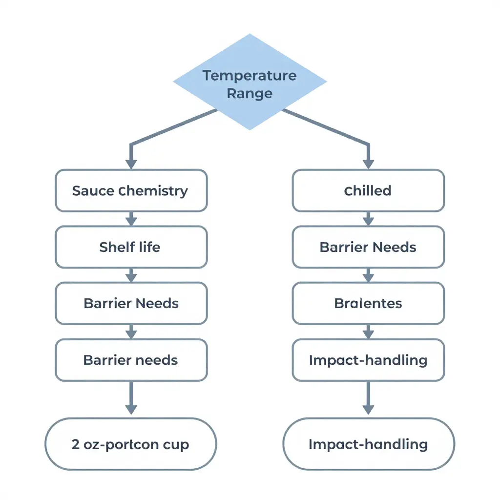 Flat 2D flowchart guiding buyers from application requirements to a PS or PP material decision for 2 oz sauce portion cups, with a top temperature-range diamond branching through sauce chemistry, shelf life and barrier needs, and impact-handling boxes toward two outcome nodes
