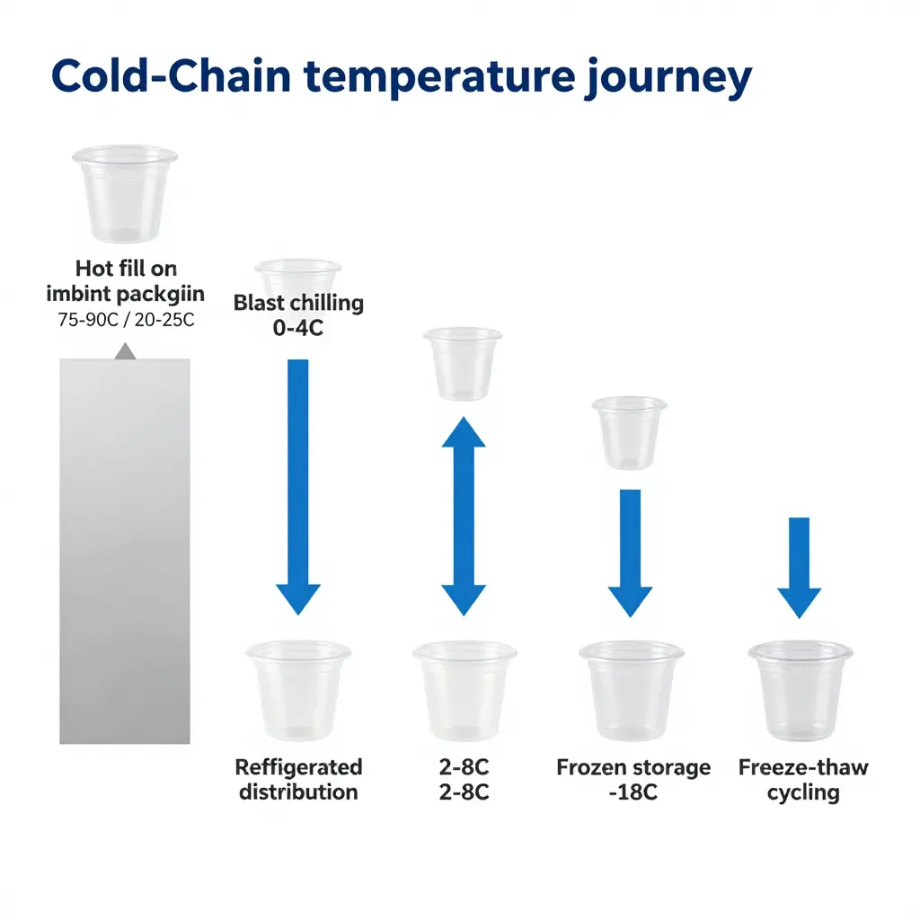 Cold-chain temperature journey of a 2 oz disposable plastic sauce portion cup
