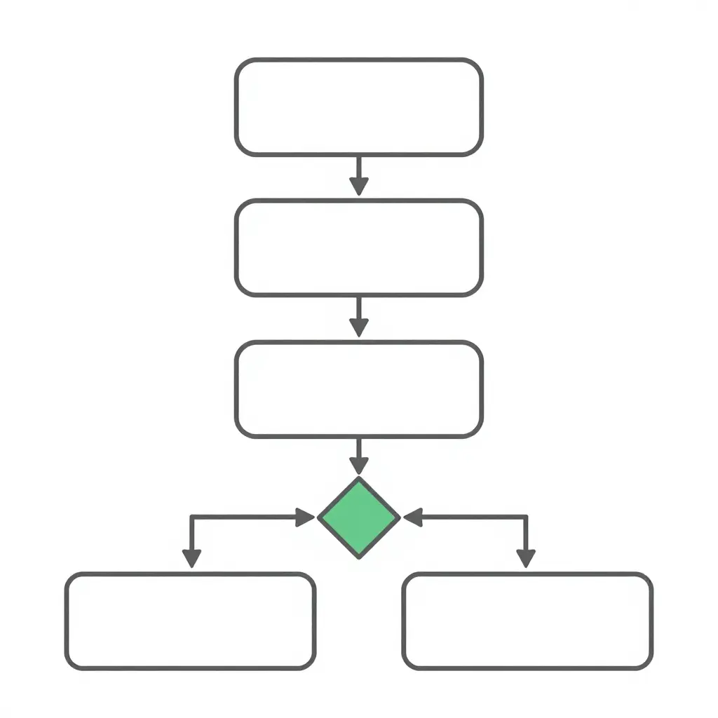 Minimalist 2D decision flow diagram with five connected shapes showing annual volume check, storage capacity check, lead time tolerance check, and a final split into two terminal boxes for local stock and direct import