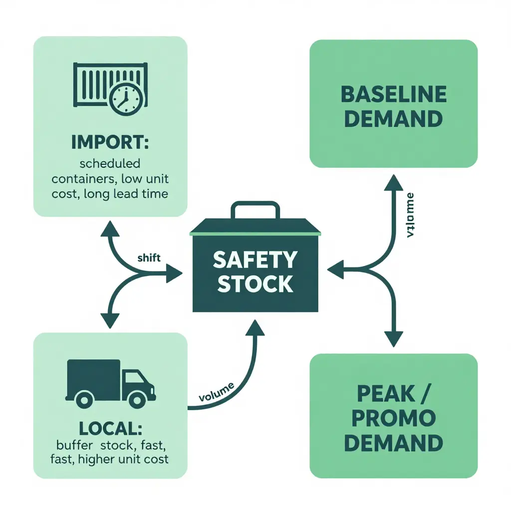 Diagram of a hybrid supply model: scheduled import containers and local buffer stock feeding a safety stock position, then serving baseline and peak demand