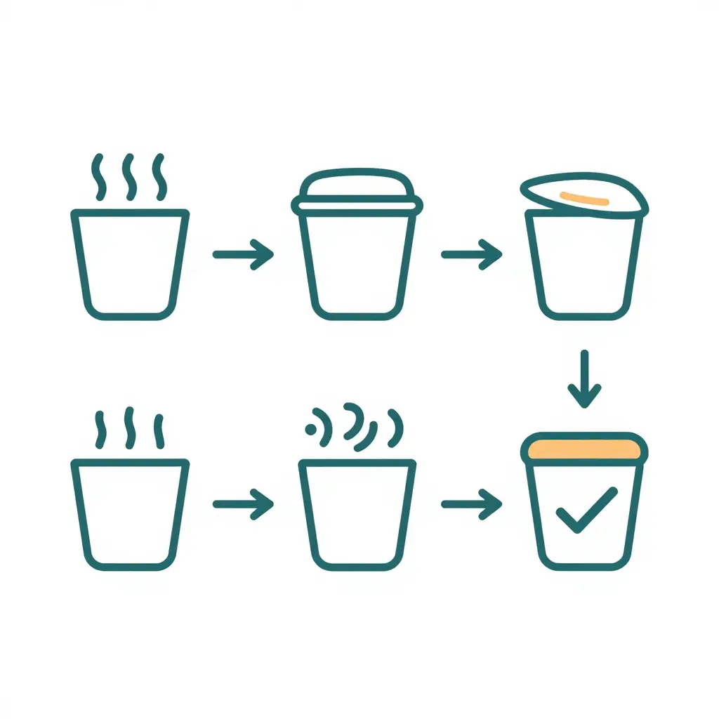 Simple 2D flow diagram showing the hot-fill sequence: empty container, filling with hot product, lid sealing, cooling phase, and final cooled container