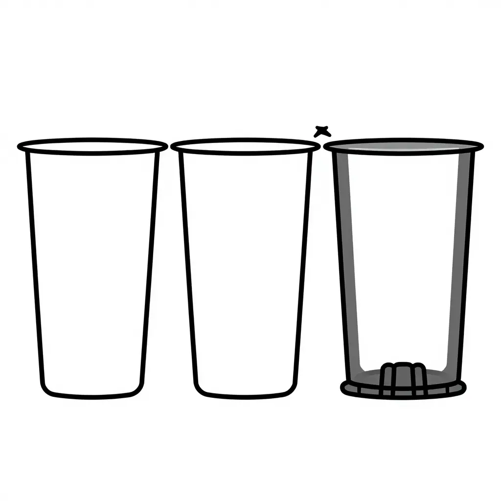 Side cross-section schematic comparing thin uniformly-walled, medium, and thick reinforced 64 oz plastic food container bases, showing how thicker walls and a raised ribbed center resist outward bulging