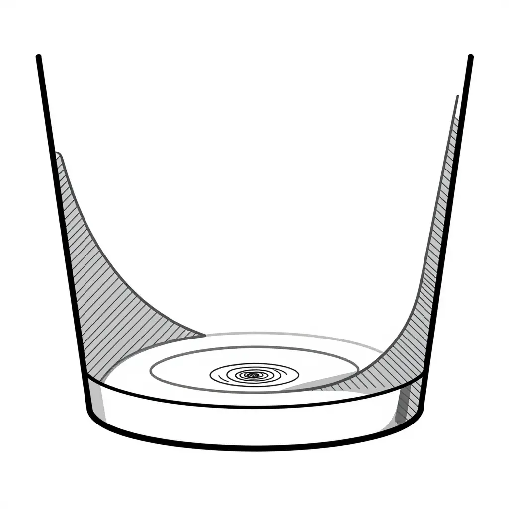 Cross-section diagram of a 9 oz PET cup base showing base thickness, knuckle radius, gate region, and highlighted stress-concentration zones in a clean technical line-art style