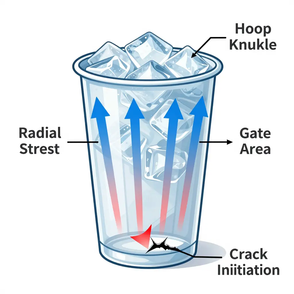 Cross-section diagram of a PET cold cup showing radial and hoop stress concentration at the base knuckle and gate area, with crack initiation