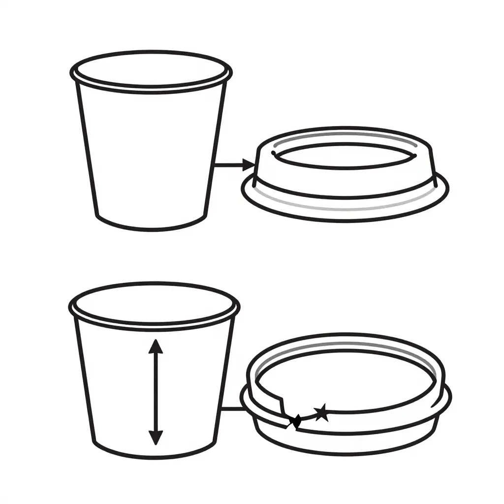 Schematic cross-section diagram of a clear PET cup rim wall and a snap-on lid inner ring, shown before engagement and during engagement with radial interference and hoop stress arrows plus a marked crack-prone zone.
